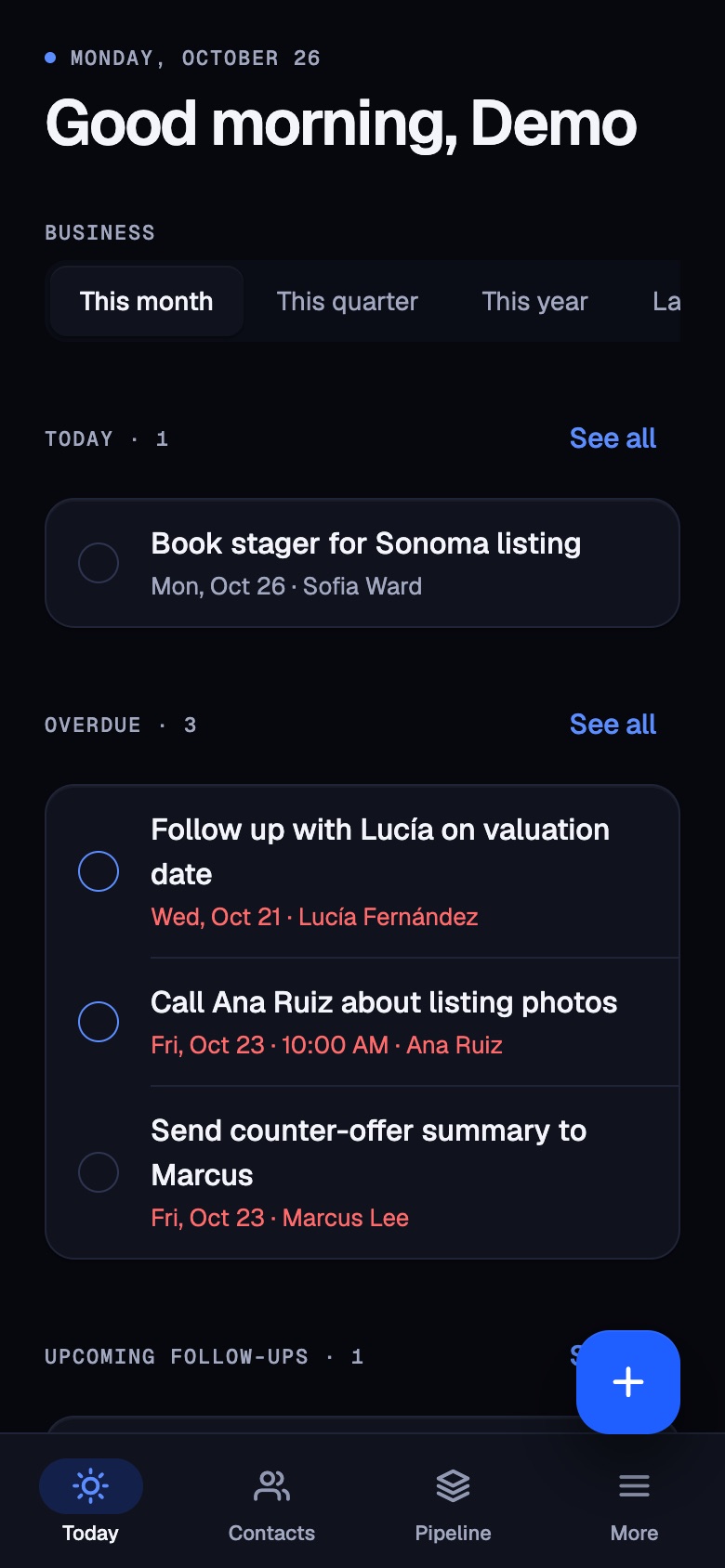 Keyline’s Today screen on a phone, with three overdue follow-ups.