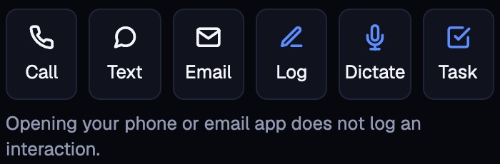 Contact actions: Call, Text, Email, Log, Dictate and Task.