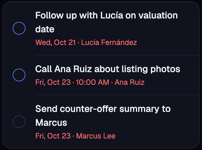 Overdue tasks: follow up with Lucía on the valuation date, call Ana Ruiz about listing photos.